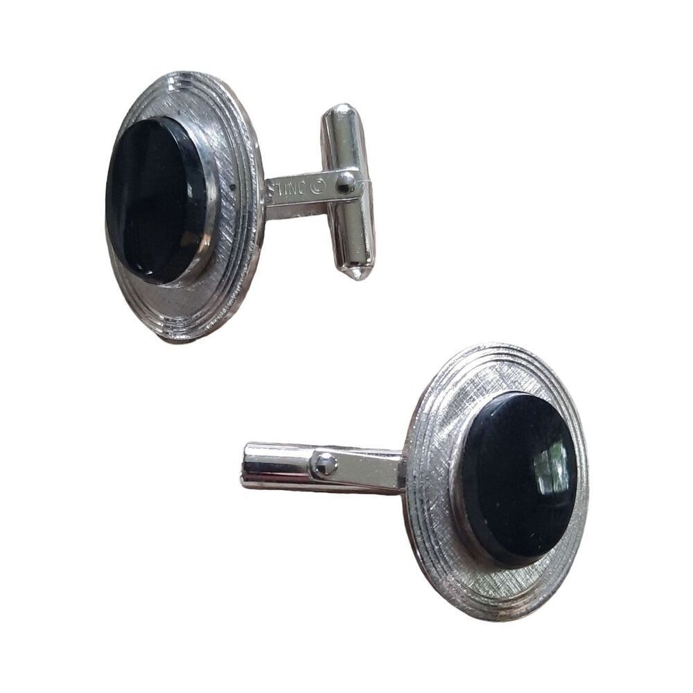 Silver-Tone Cufflinks with Black Onyx Accent - Men's Accessories